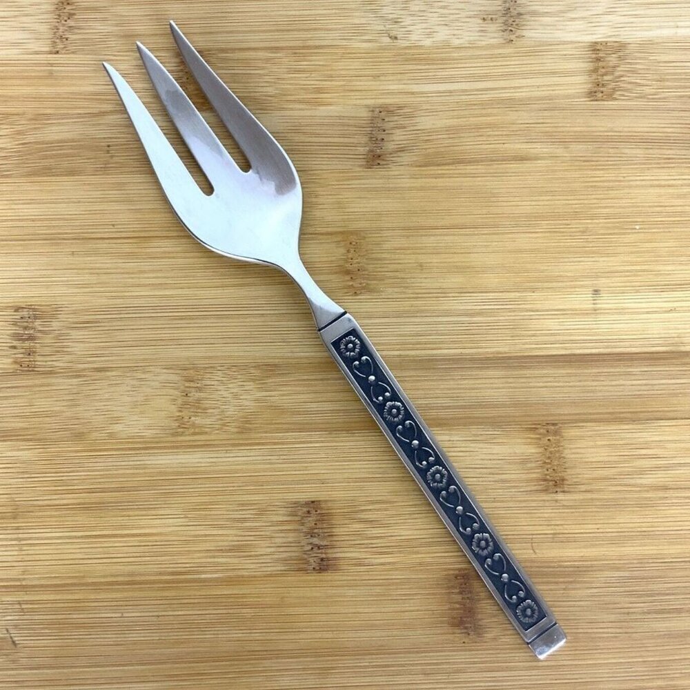 Gorham Hacienda Stainless Steel Meat Fork Floral Black Accent Vintage 1960s